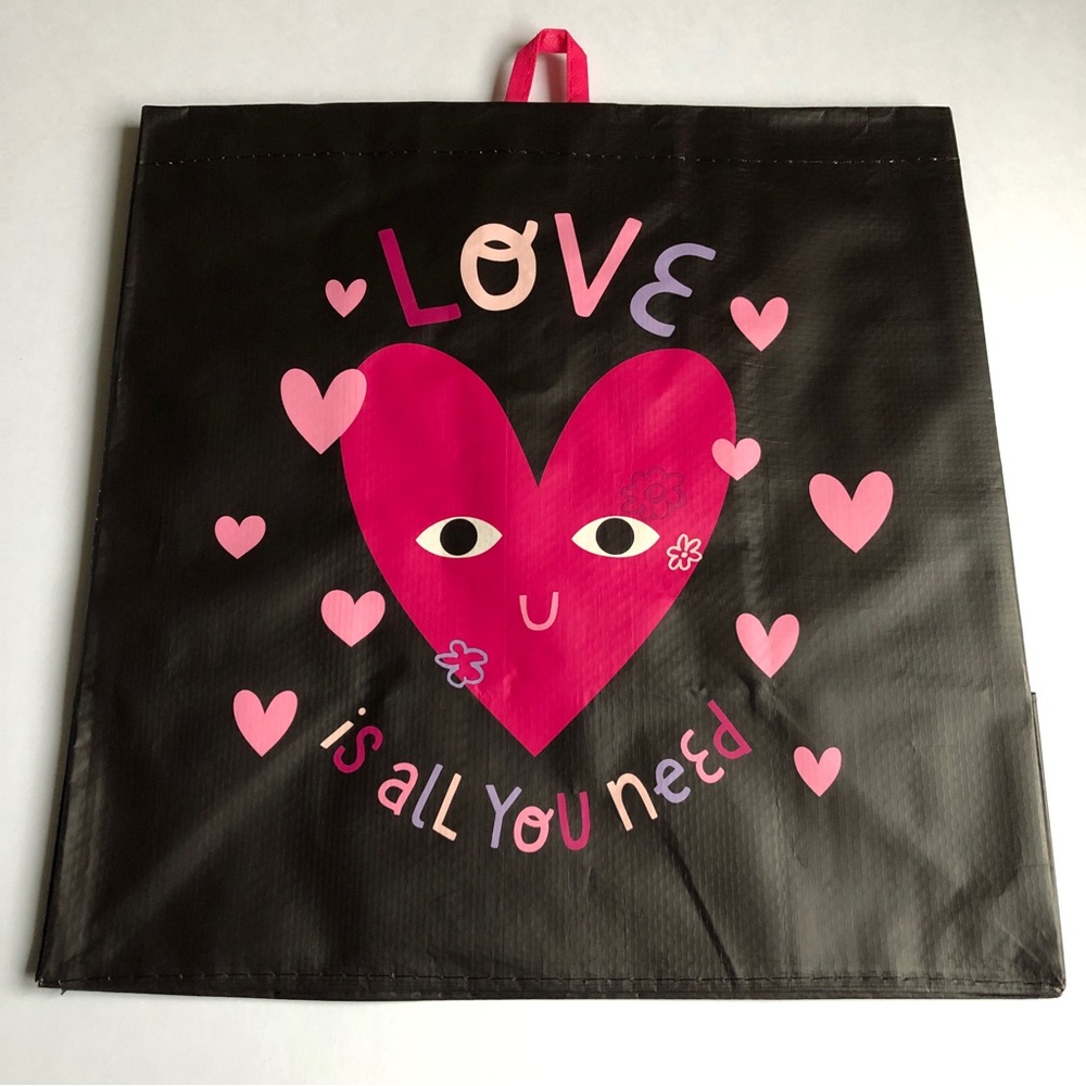 3/$15 NEW EARTHWISE Reusable Grocery Bag LOVE IS ALL YOU NEED Black Pink 13.5”